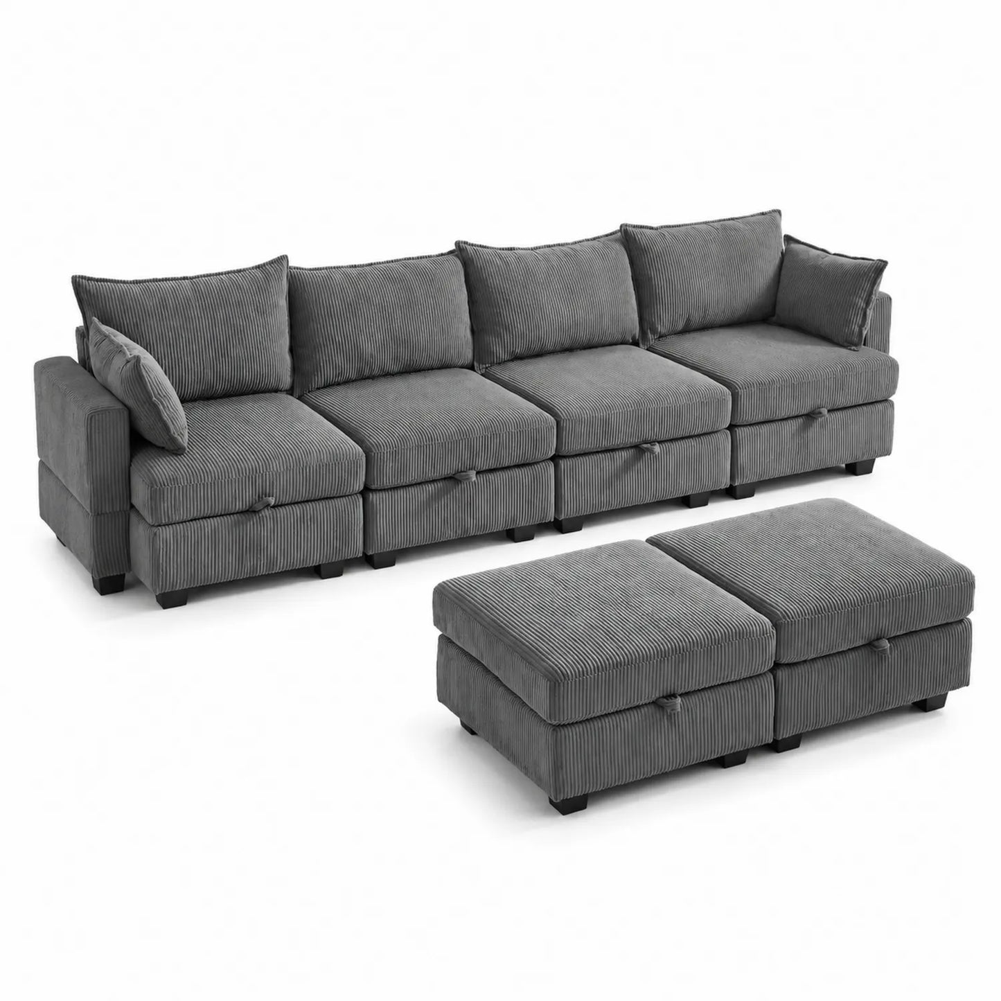 Modulares Ecksofa Set aus Cord Grau mit 2 Fußhockern