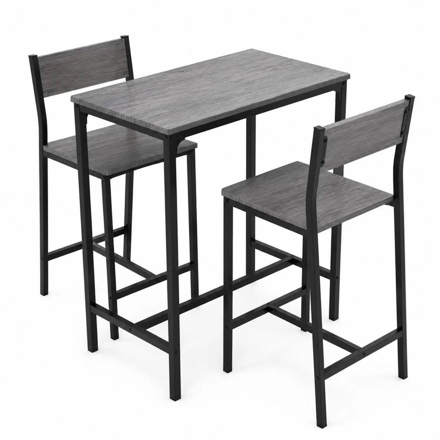 Bartisch-Set mit 2 Barhockern aus Metall und Holz in Dunkelgrau