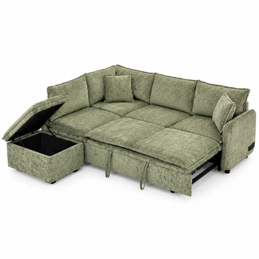 Grünes Ecksofa aus Chenille mit Stauraum