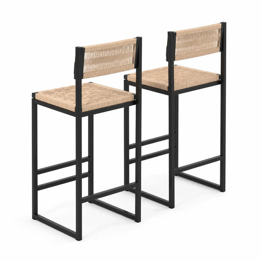 2er Set Barhocker mit Metallrahmen und geflochtenem Papierseil